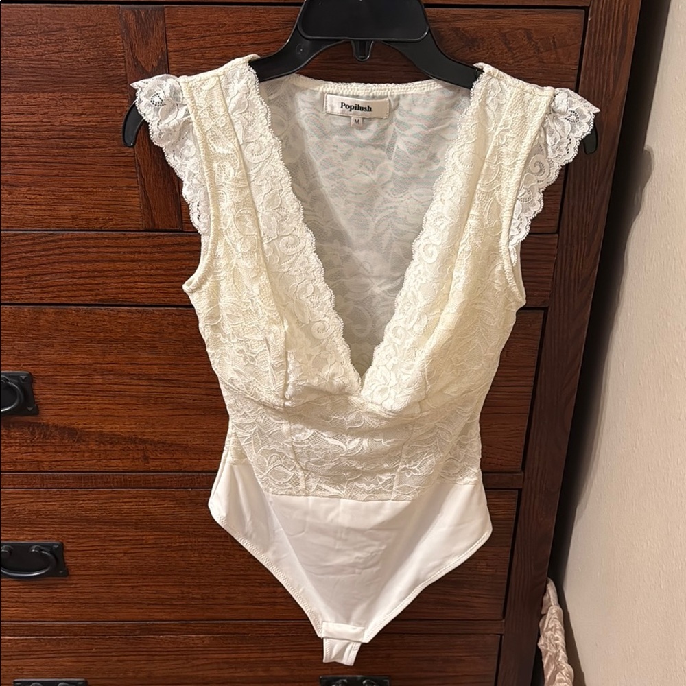 Cream Lace Chemise Bodysuit with Delicate Ruffles